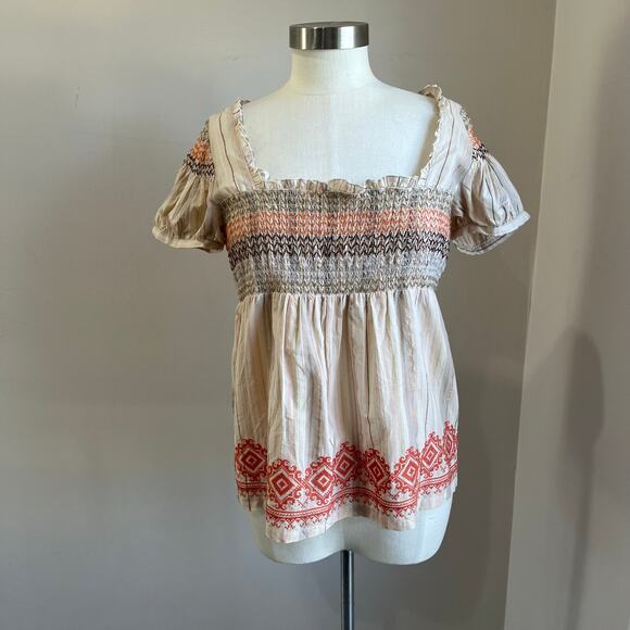 Anthropologie Tops - Anthropologie Floreat Cottagecore Smocked Puff Sleeve Cotton Blouse Size 12